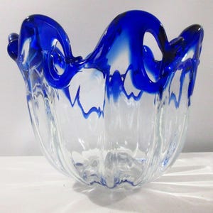 Art Glass Vase Bowl Italy Handmade Italian Clear Cobalt Blue Perforated Flowing