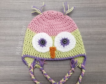 Crochet Owl Hat with Ear Flaps - Toddler Hat- Baby Hat- Animals Hat