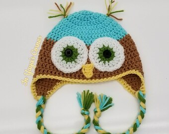 Crochet Owl Hat with Ear Flaps - Toddler Hat- Baby Hat- Animals Hat