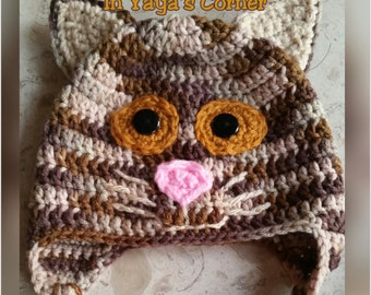 Crochet Cat Hat with Ear Flaps - Toddler Hat- Baby Hat- Animals Hat
