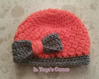 Crochet Baby Hat , Crochet Bow hat, Coral  ( 0-3 months old)