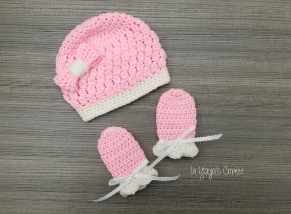pink baby hat and mittens