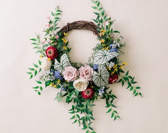 Spring Wreath for Front Door - Modern Spring Wreath - Easter Decor - Ranunculus Wreath - Faux Spring Floral Wreath - Forsythia Wreath