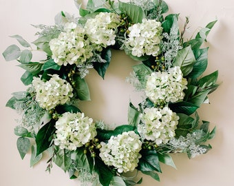 Hydrangea Front Door Wreath- New England Garden Wreath - Year Round Wreath - Green Hydrangea Wreath - Faux Floral Wreath - Artificial Wreath