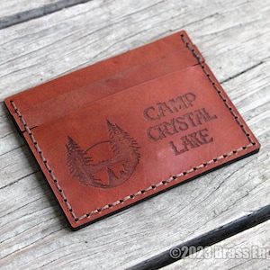 Camp Crystal Lake Leather Card Holder Wallet - Color Choice - Hand stitched - Laser Etched - Jason Horror 80s Viernes 13