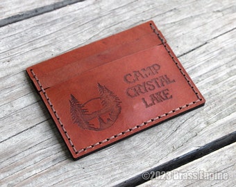 Camp Crystal Lake Leather Card Holder Wallet - Color Choice - Hand stitched - Laser Etched - Jason Horror 80s Friday the 13th