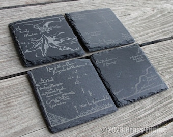 Thorin's Map of Lonely Mountain - Lord of the Rings Etched Slate Coasters - Gray - Set of 4 barware The Hobbit