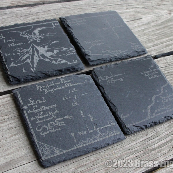 Thorin's Map of Lonely Mountain - Lord of the Rings Etched Slate Coasters - Gray - Set of 4 barware The Hobbit