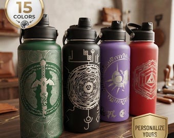 Legend of Zelda Water Bottle, 32 oz, Insulated Stainless Steel, Personalized Engraving, Hydro
