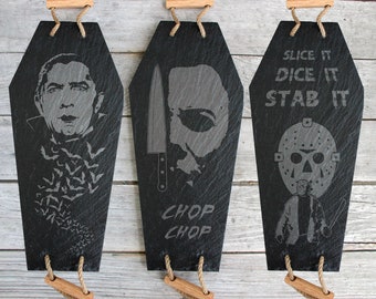 Horror Icons Engraved Slate Coffin Charcuterie Board - 12" Gray - Cheese Serving Platter Dish Jason Michael Myers Crypt Keeper Dracula