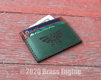Legend of Zelda Leather Card Holder Wallet - Handmade engraved leather - Green Tan LoZ Triforce