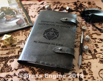 DM Doom Notebook 'Moleskine' Leather Cover 8.25x5.25 - Hand stitched - Laser Etched - Smoke Black Dungeon Master D&D