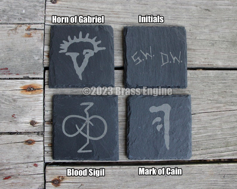 Mix and Match Supernatural Etched Slate Coasters Gray Choice of Set of 4 6 8 Sam Dean Anti-possession Men of Letters barware image 5