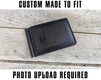 Bat Cowl ID Bifold Wallet Money Clip - Cowl Mask Cutout - Full Grain Leather Handmade Customized gift Mens Black Gray - Personalized