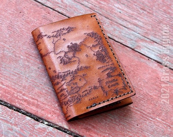 Middle Earth Map Leather Trifold Wallet - Hand stitched - Laser Etched - Color Choice LOTR Hobbit - Personalized