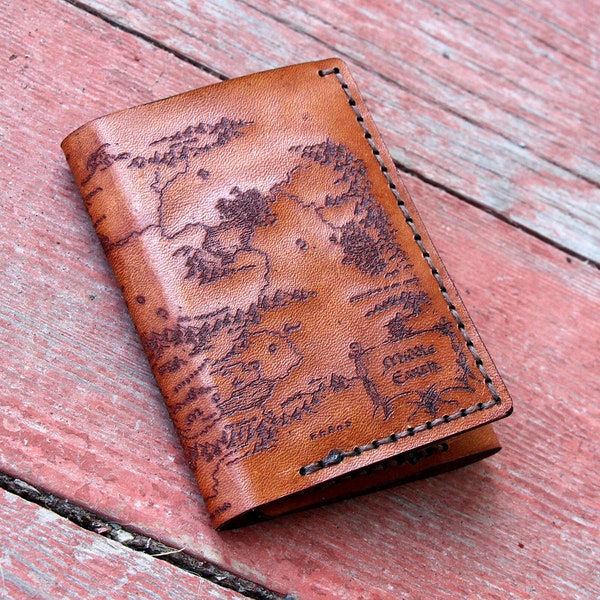 Middle Earth Map Leather Trifold Wallet - Handmade engraved - Color Choice LOTR Hobbit - Personalized