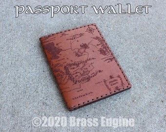 Middle Earth Map Leather Passport Holder - Handmade engraved leather wallet - Tan LOTR Hobbit