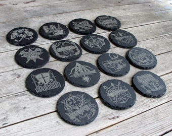Dungeons and Dragons Engraved Slate Round Coasters - Gray - Custom Choice of Set 4 6 8 - RPG DnD DM barware Circular