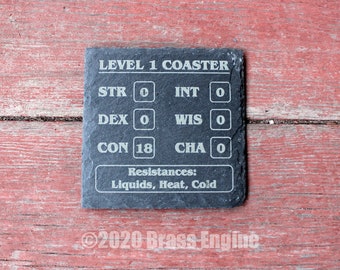Level 1 Coaster Character Sheet, Dungeons and Dragons Engraved Slate Coasters, Set