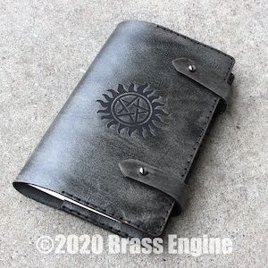 Supernatural &#39;Moleskine&#39; Leather Notebook Cover 8.25x5.25 - Hand stitched - Laser Etched - Smoke Black