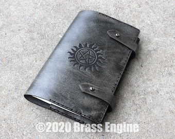 Supernatural 'Moleskine' Leather Notebook Cover 8.25x5.25 - Hand stitched - Laser Etched - Smoke Black