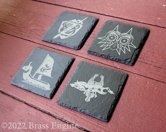 Legend of Zelda Etched Slate Coasters, Gray, Set of 4, Ocarina of Time Majora's Mask Windwaker Twilight Princess barware