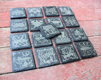 Dungeons and Dragons Etched Slate Coasters - Gray - Custom Choice of Set 4 6 8 - RPG DnD Bard Barbarian Rogue barware