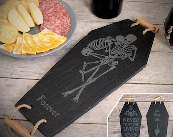 Valentines Spooky Engraved Slate Coffin Charcuterie Board - Gray - Cheese Serving Platter Dish Never Trust the Living Romantic Gothic