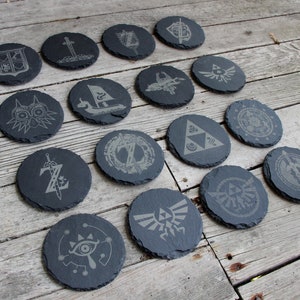 Legend of Zelda Engraved Slate Round Coasters Mix and Match - Gray - Choice of Set of 4 6 8- Triforce Tears of the Kingdom