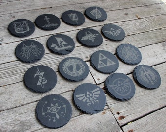 Legend of Zelda Engraved Slate Round Coasters Mix and Match - Gray - Choice of Set of 4 6 8- Triforce Tears of the Kingdom