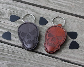 Skull Leather Guitar Pick Holder: Engraved Keychain, Gothic Rocker Gift