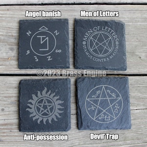 Mix and Match Supernatural Etched Slate Coasters Gray Choice of Set of 4 6 8 Sam Dean Anti-possession Men of Letters barware image 2