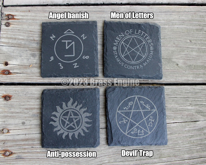 Mix and Match Supernatural Etched Slate Coasters Gray Choice of Set of 4 6 8 Sam Dean Anti-possession Men of Letters barware image 2