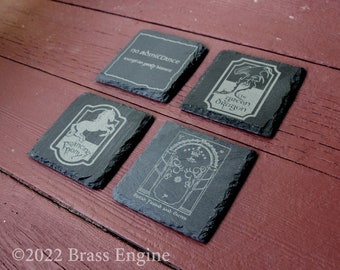 Lord of the Rings Signs Etched Slate Coasters - Gray - Set of 4 - Green Dragon Prancing Pony Durin's Door barware