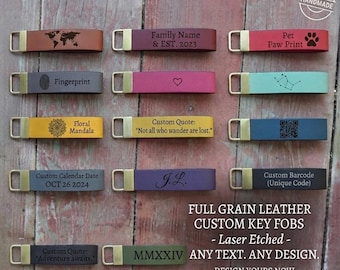 Custom Engraved Full Grain Leather Key Fob Wristlet, Personalized Laser Etched Gift Any Occasion