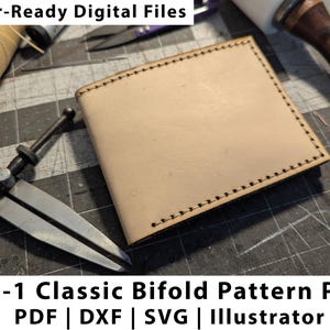 May include: A light tan leather bifold wallet with black stitching around the edges. The image also shows leather crafting tools, including a stitching groover, thread, and a mallet. Text at the top reads "Laser-Ready Digital Files" and at the bottom "5-in-1 Classic Bifold Pattern Pack".