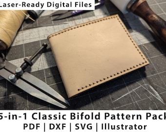 5-in-1 Classic Leather Bifold Wallet Pattern Pack | Laser Cut & Hand Stitch DXF Illustrator SVG