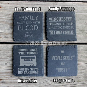 Mix and Match Supernatural Etched Slate Coasters Gray Choice of Set of 4 6 8 Sam Dean Anti-possession Men of Letters barware image 3