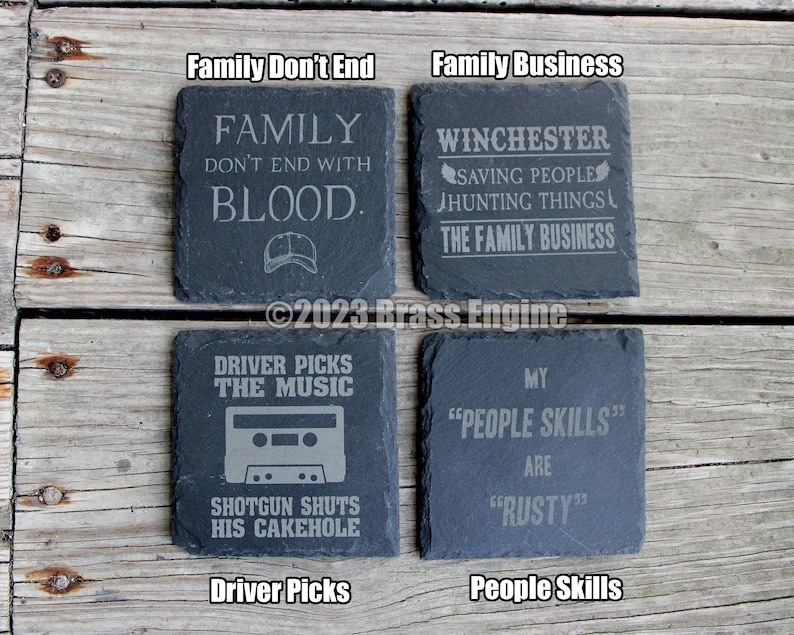 Mix and Match Supernatural Etched Slate Coasters Gray Choice of Set of 4 6 8 Sam Dean Anti-possession Men of Letters barware image 3