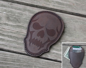 Skull Leather Wallet - Handmade engraved - Color Choice - Gothic Men Front Pocket Slim Minimalist