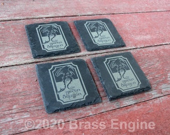 The Green Dragon Inn - Lord of the Rings Etched Slate Coasters - Gray - Set of 4 - Middle Earth Tolkien barware