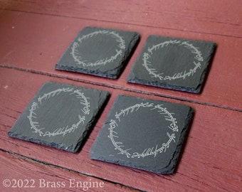 One Ring Script - Lord of the Rings Etched Slate Coasters - Gray - Set of 4 - Middle Earth barware