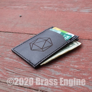 Dice D20 Cartera de bolsillo frontal de cuero - Cosido a mano - Grabado con láser - DnD RPG Minimalista - Elección de color