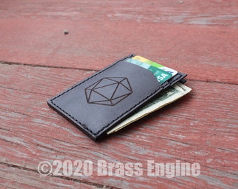 Dice D20 Leather Front Pocket Wallet - Hand stitched - Laser Etched - DnD RPG Minimalist - Color Choice