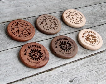 Supernatural Engraved Wood Bottle Opener Magnetic - Circular Round - Color Choice - Devils Trap Winchester groomsmen gift