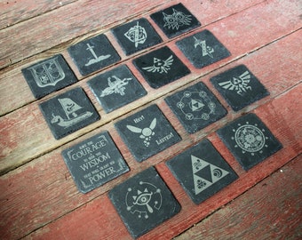 Legend of Zelda Engraved Slate Coasters Mix and Match - Gray - Choice of Set of 4 6 8- Triforce Majora's Mask Tears of the Kingdom