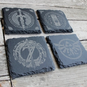 Legend of Zelda Tears of the Kingdom Engraved Slate Coasters - Gray - Set of 4