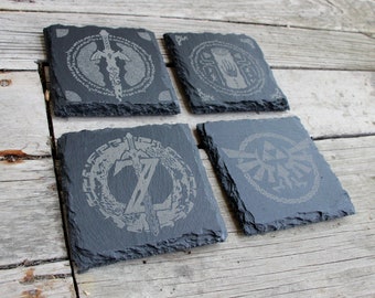 Legend of Zelda Tears of the Kingdom Engraved Slate Coasters - Gray - Set of 4