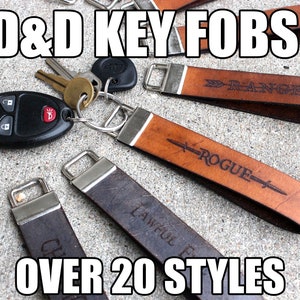 1 Wide Full Grain Leather Key Fob Strap Lanyard Gaming D&D Classes, Attributes, Dungeon Master Color Choice Personalized Veg Tan image 1