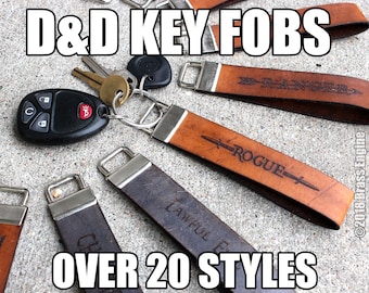 Personalized Leather D&D Key Fob: Full Grain Veg Tan, Gaming Lanyard